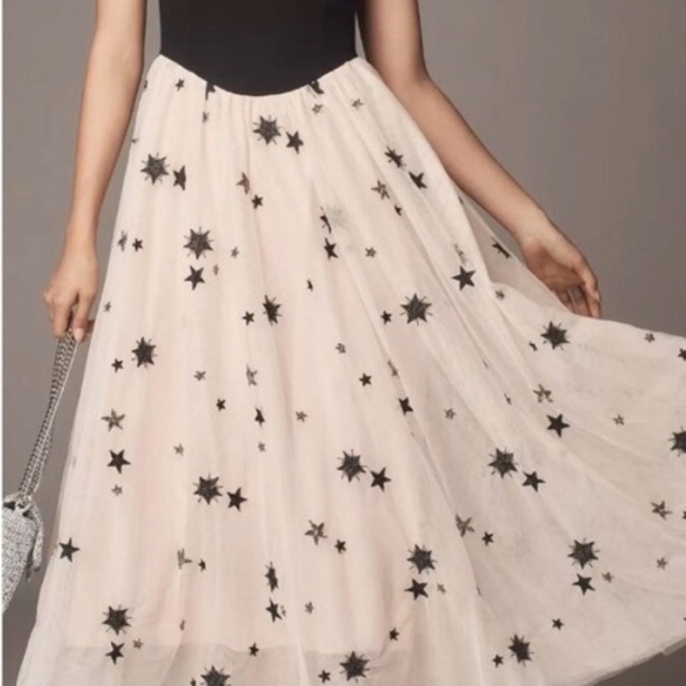 Maeve Elegant Beaded Tulle Pink and Black with Silver Beaded Stars Maxi dress.